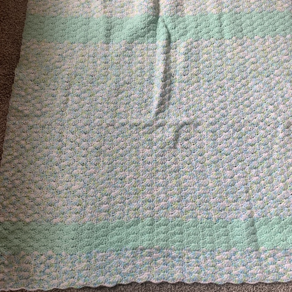 Crochet White Green Blue Crochet Baby Blanket